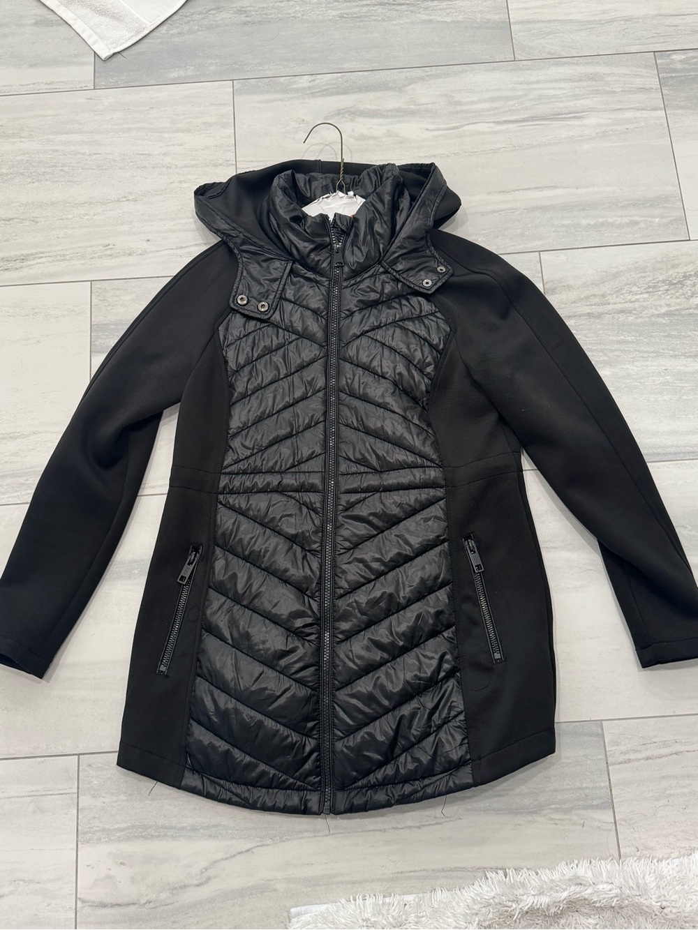 Luxe Essentials Denim LED Black Quilted Hooded Maternity Packable Puffer Coat